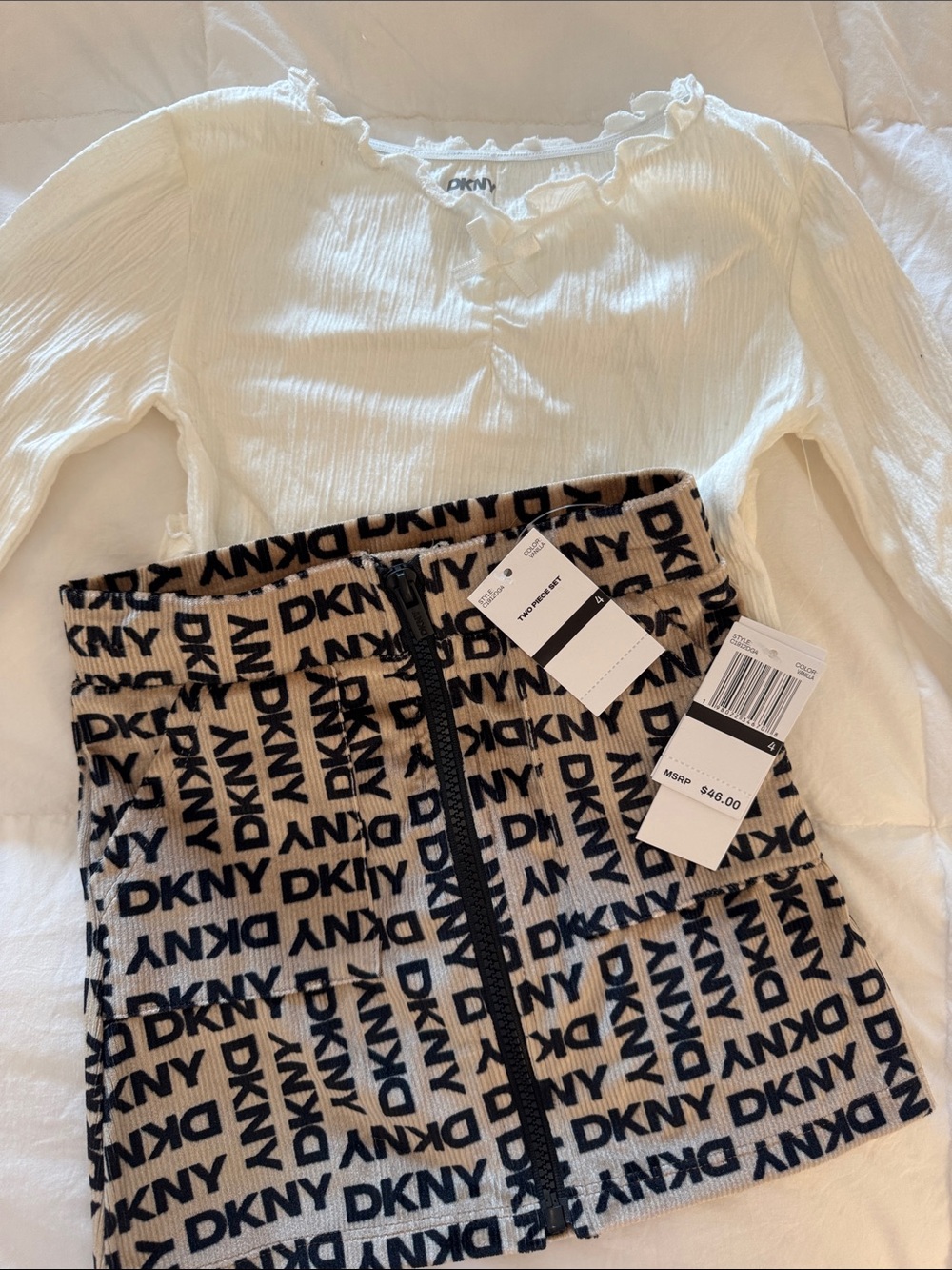 Girls DKNY Beige and Black Logo Knit Zipper Skirt with matching Cream Bow Top